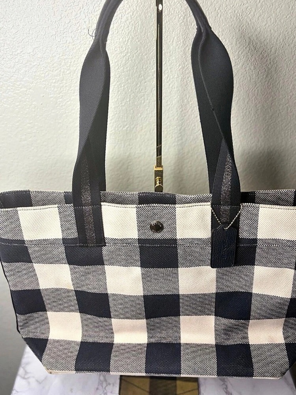 Coach Buffalo Plaid Canvas Tote Bag (Navy Blue & White)